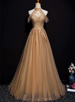 Picture of Charming Champagne Tulle Halter Long Party Gown, Prom Dresses